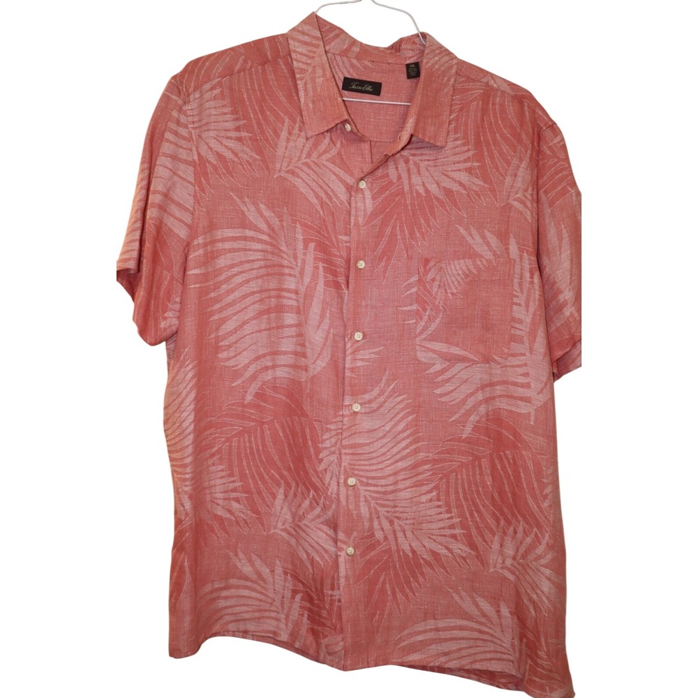 Tasso Elba XXL Aloha Shirt Silk / Linen Blend Hawaiian Camp Palm Leaf Salmon EUC